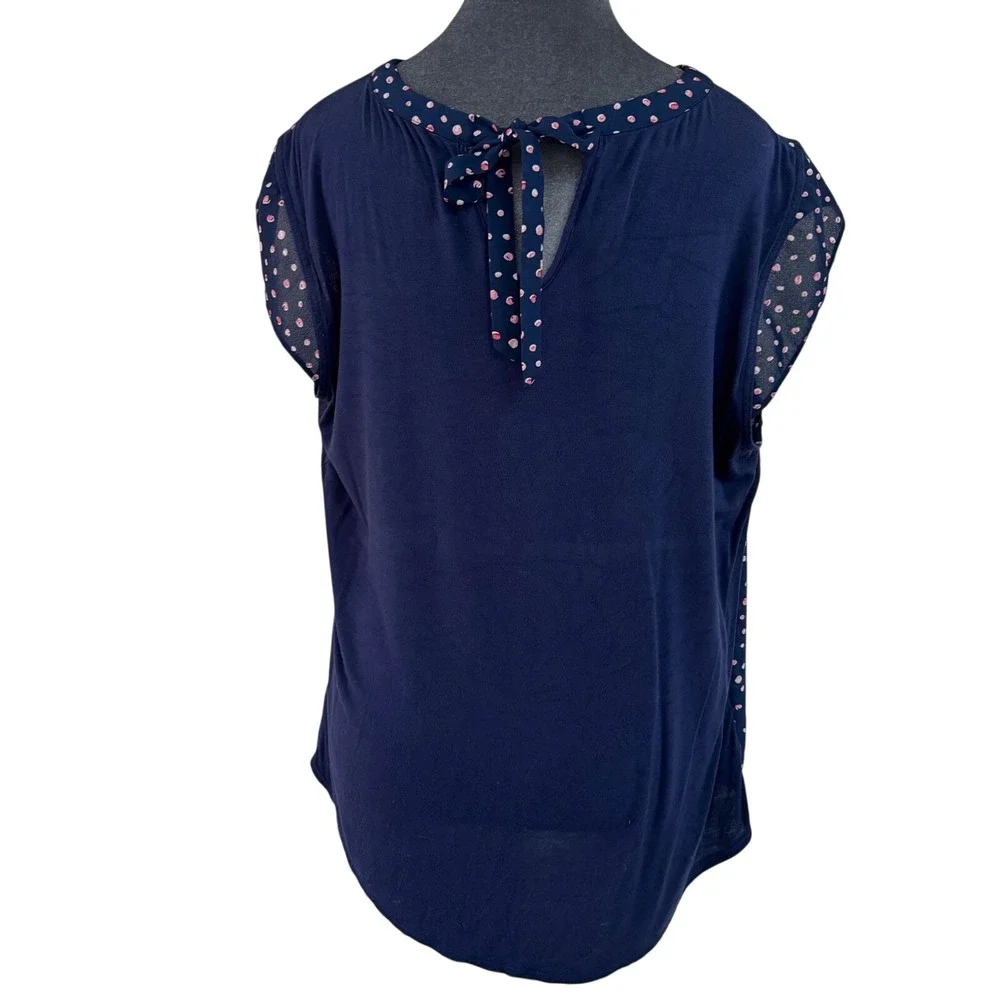 FORTUNE + IVY - Navy Polka Dot Keyhole Cap Sleeve Tie Back Blouse Women's Size L - Picture 3 of 13